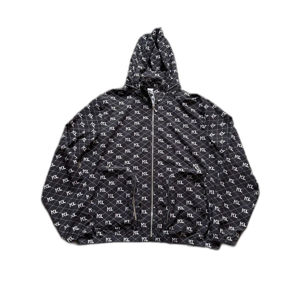 KARL LAGERFELD PARIS ALLOVER PRINT LOGO HOODED JACKET BLACK LARGE